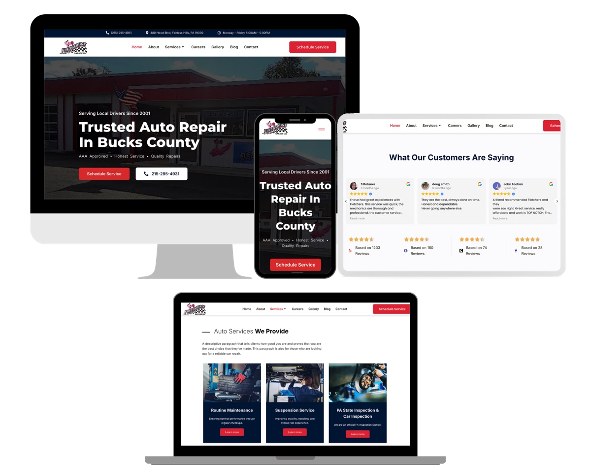 Rebuilt Fletcher's Garage homepage, mobile site, reviews, and services