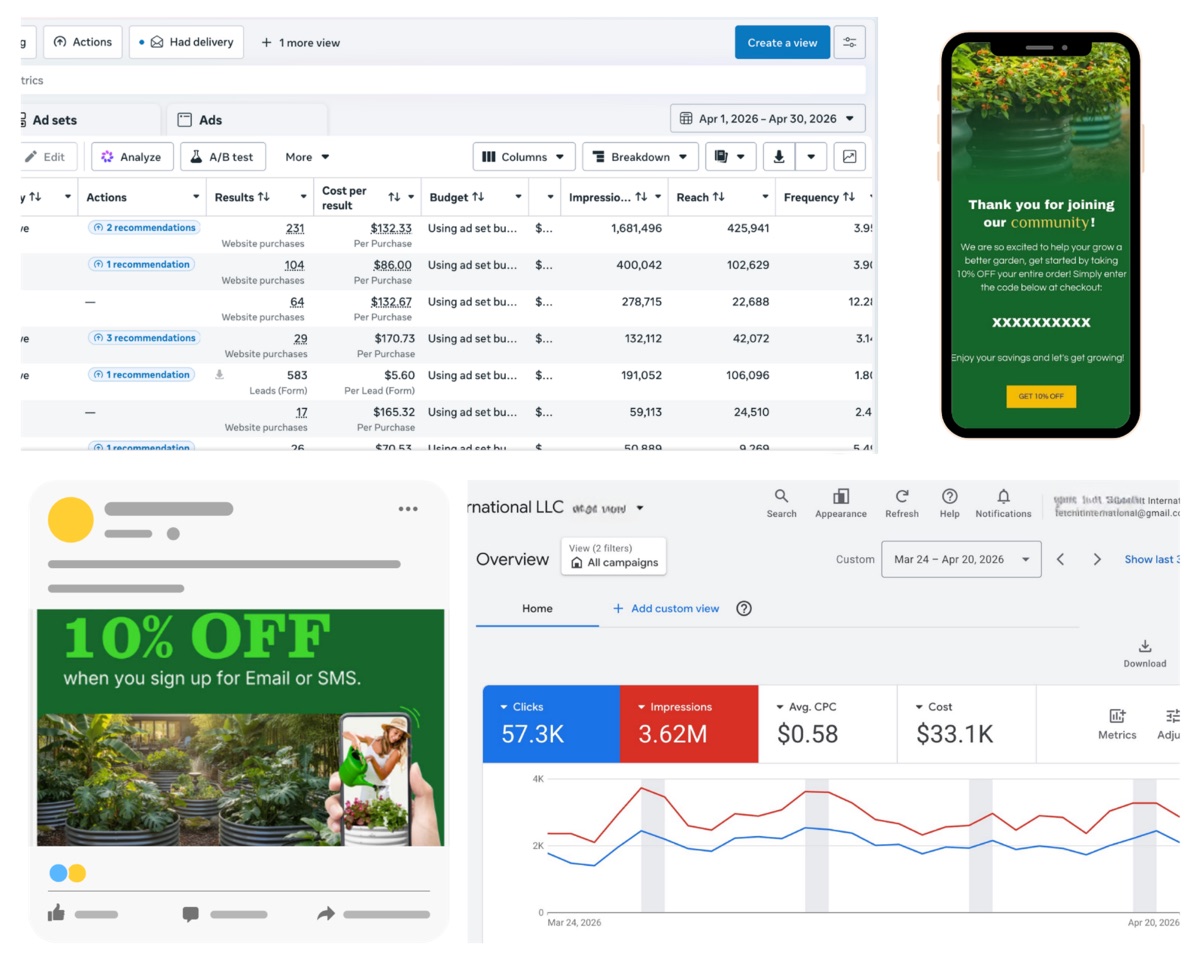 Paid media reporting, ad account dashboards, and analytics overview for the brand