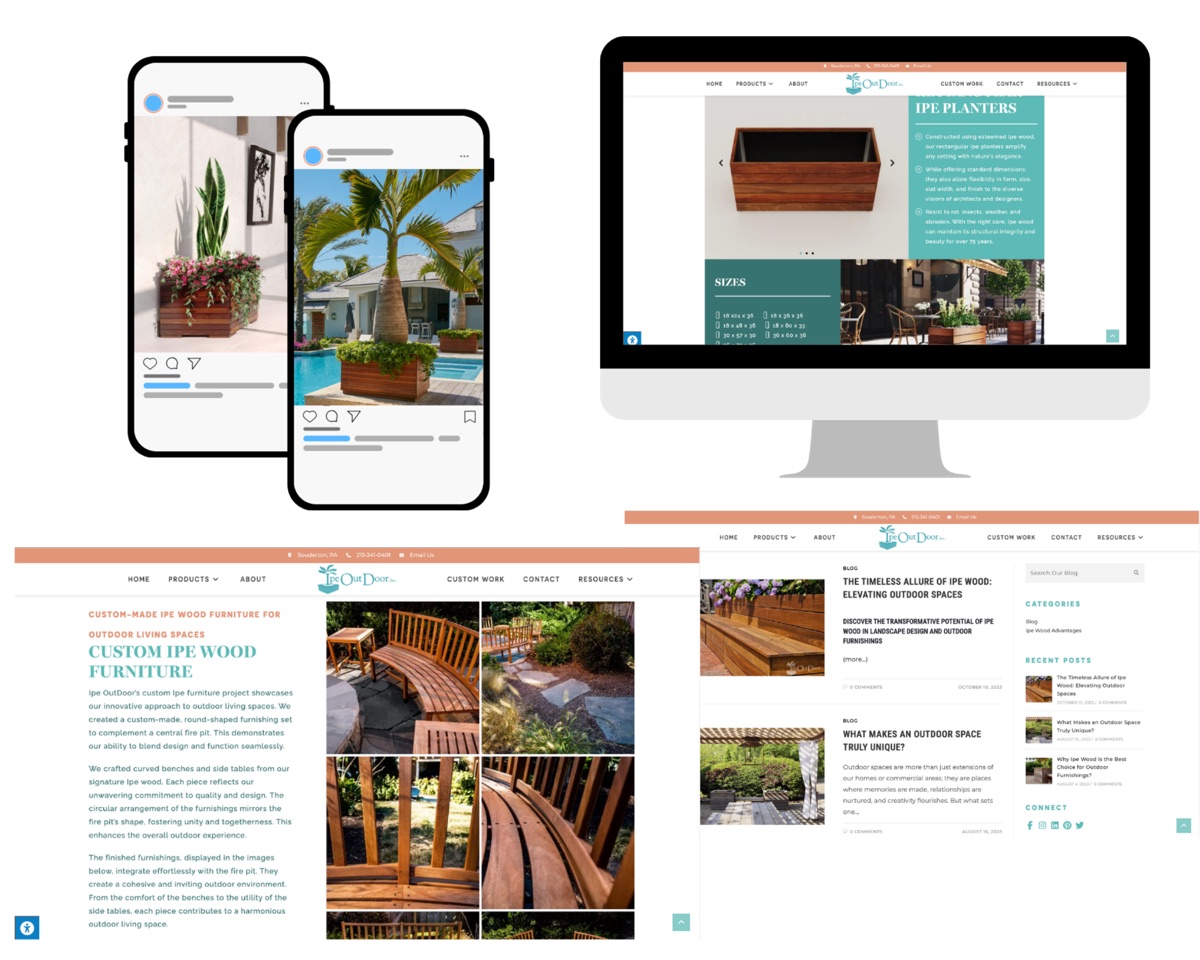 IPE Outdoor product page, custom furnishings page, blog, and Instagram posts across desktop and mobile