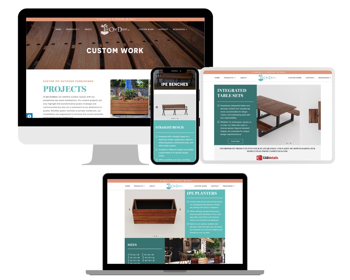 IPE Outdoor Custom Work page, product carousels, and integrated table set page across devices