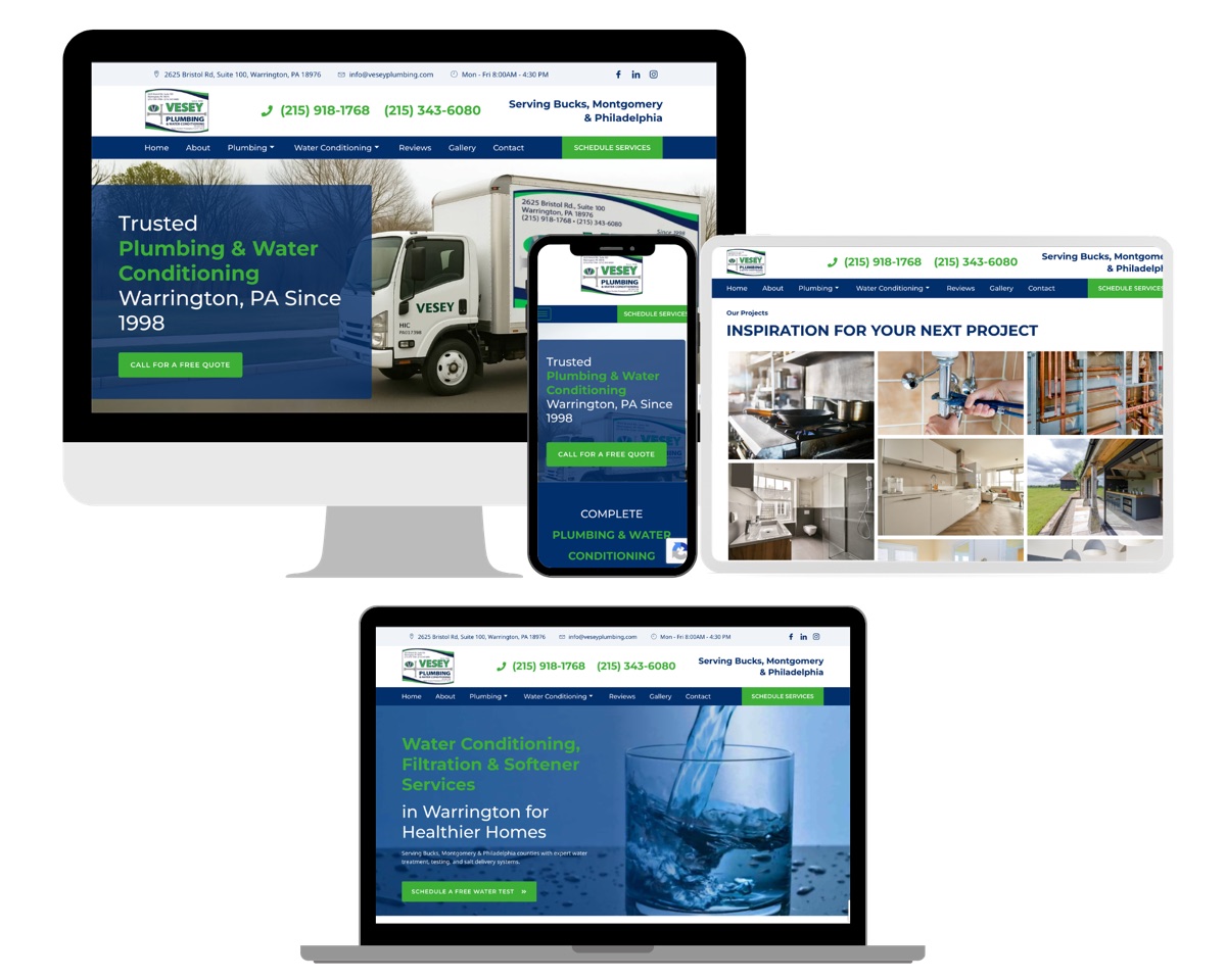 Rebuilt Vesey Plumbing & Water Conditioning website shown across desktop, laptop, tablet, and mobile