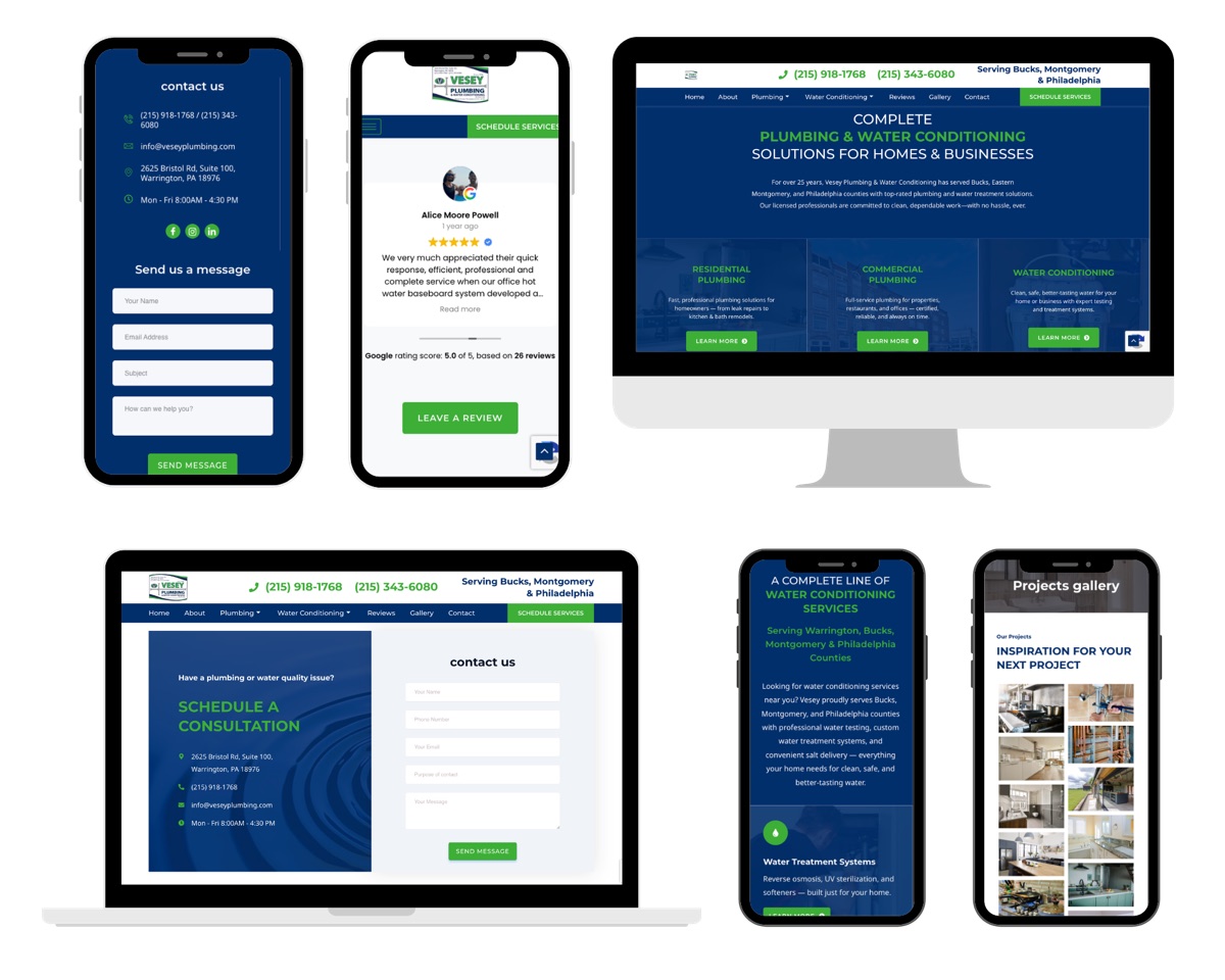Vesey Plumbing reviews, contact form, and service pages across mobile and desktop